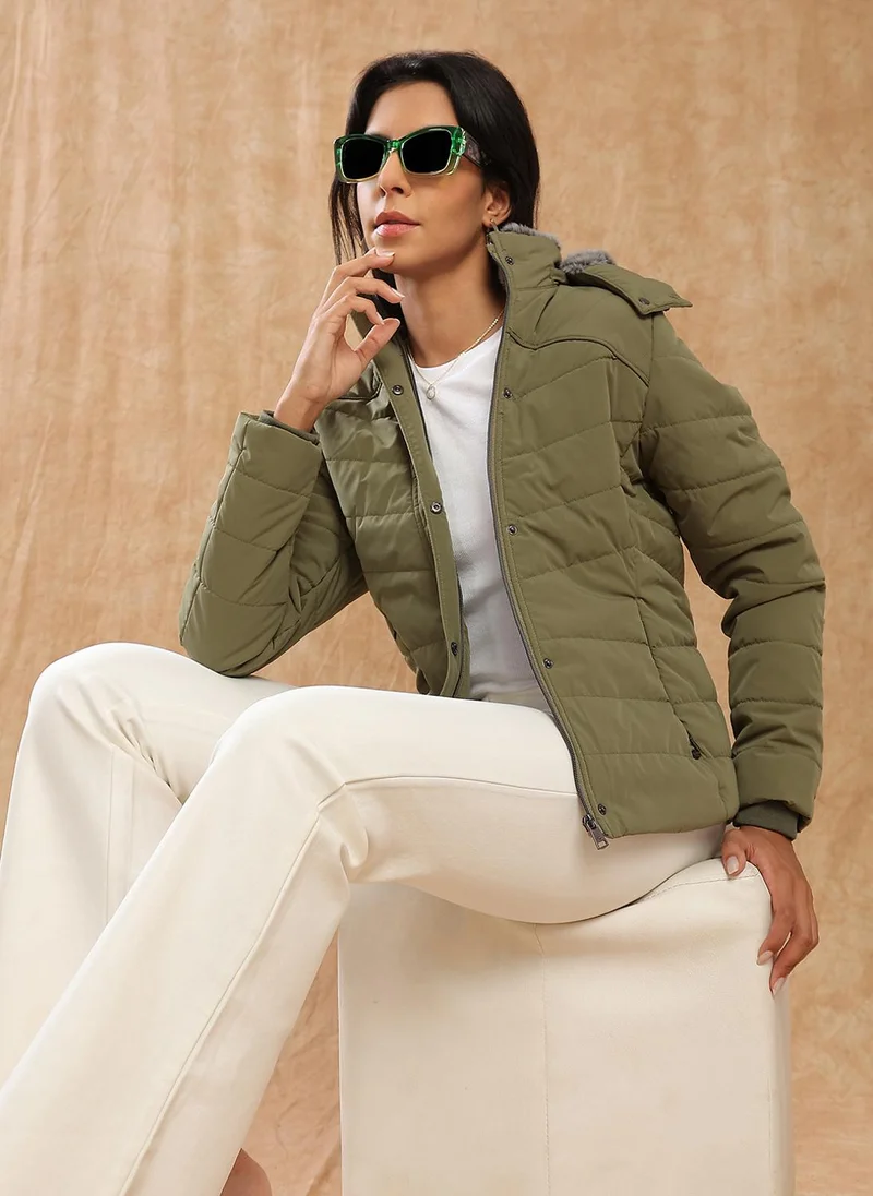 globus Globus Women Olive Mock Neck Winter Wear Insulator Puffer Jacket With Soft Functional Hood